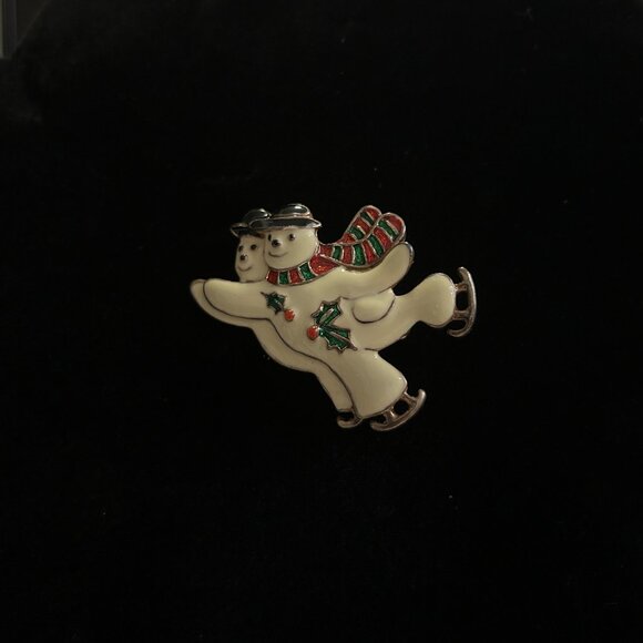Vintage (70s) SJF Ice Skating Snowman Couple Brooch – Gold Tone Finish - Picture 1 of 2